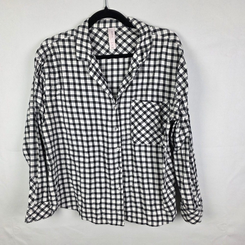 Auden Womens Black White Plaid Cotton Long Sleeve Pajama Top Size M Button Down